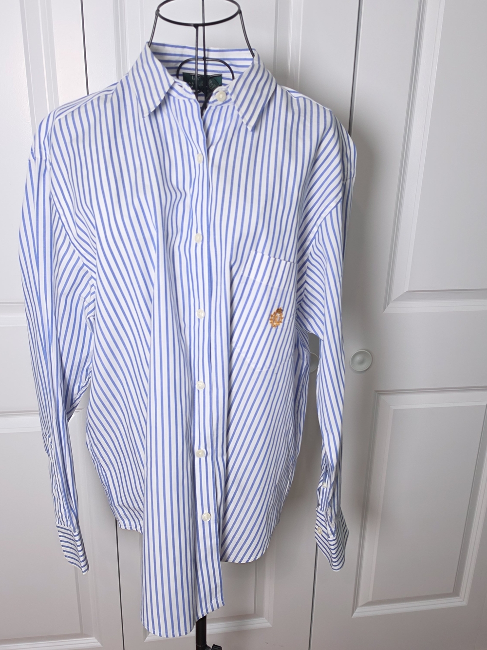 Lauren Ralph Lauren Blue White Stripe Crest Cotton Shirt Women's 16